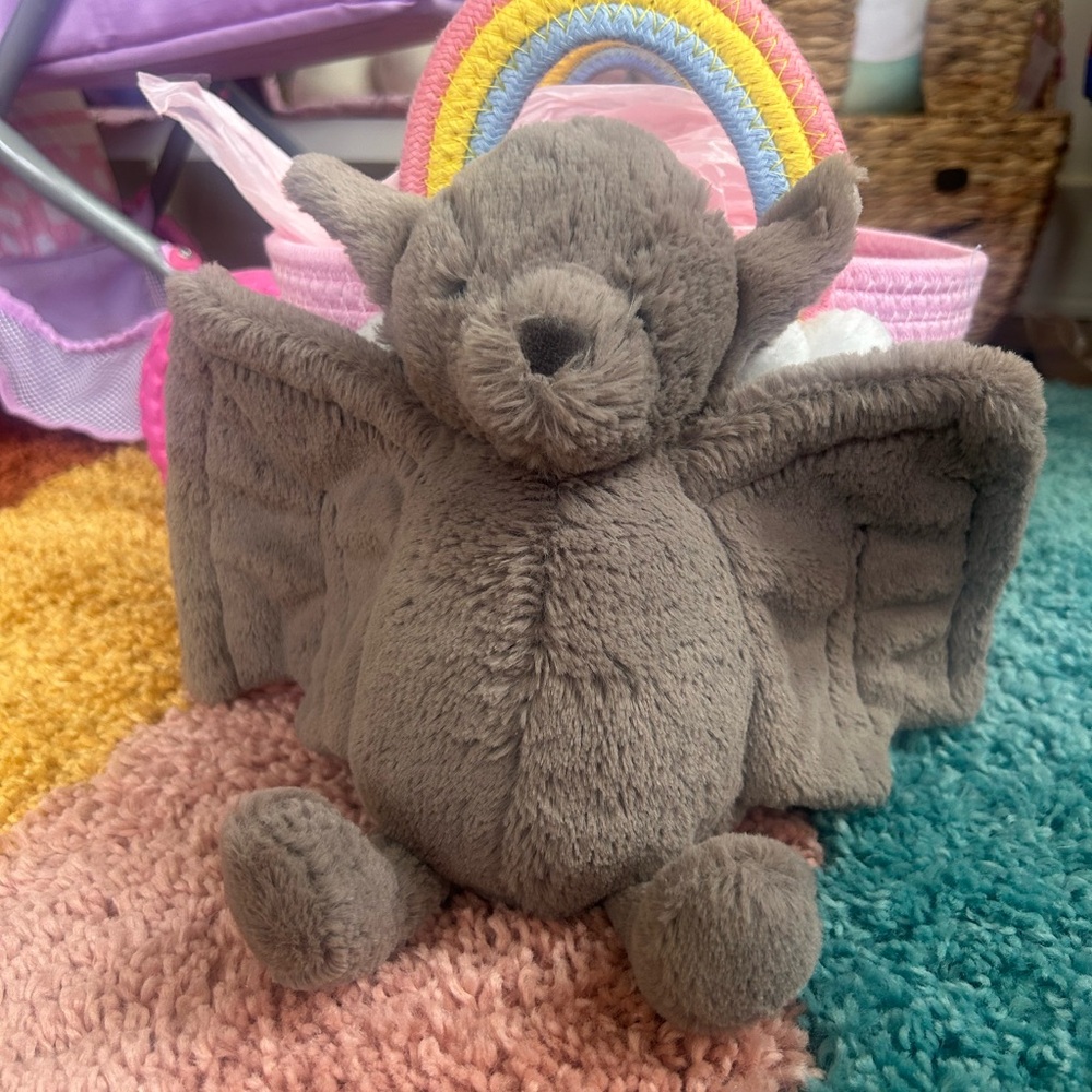 Jellycat Gray Bat Plush with Rainbow Accent